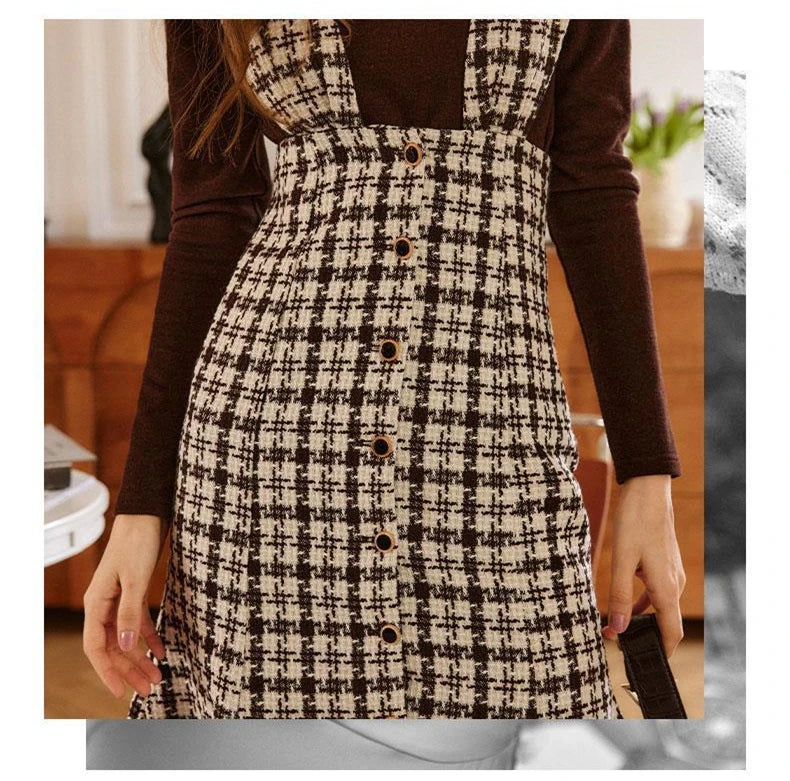 Women's Autumn Winter Fashion Sleeveless Plaid Dress Korean Lady Graceful Sweater Tops Overall Dresses 2 Piece Set 2022 Outfits GONZALES ONLINE SHOP