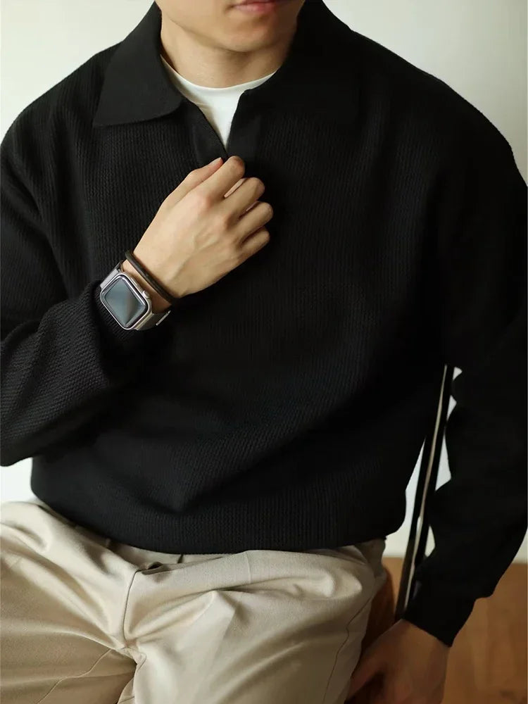 Fall Knitted Polo Shirts for Men - Casual Long Sleeve Turn-down Collar Jumper Tops - GONZALES ONLINE SHOP