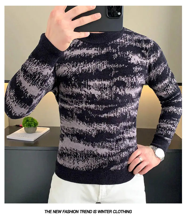 Autumn Winter Velvet Knitted Sweater Men Long Sleeve Casual Business Sweaters Comfortable Warm Versatile Social Pullover Tops GONZALES ONLINE SHOP