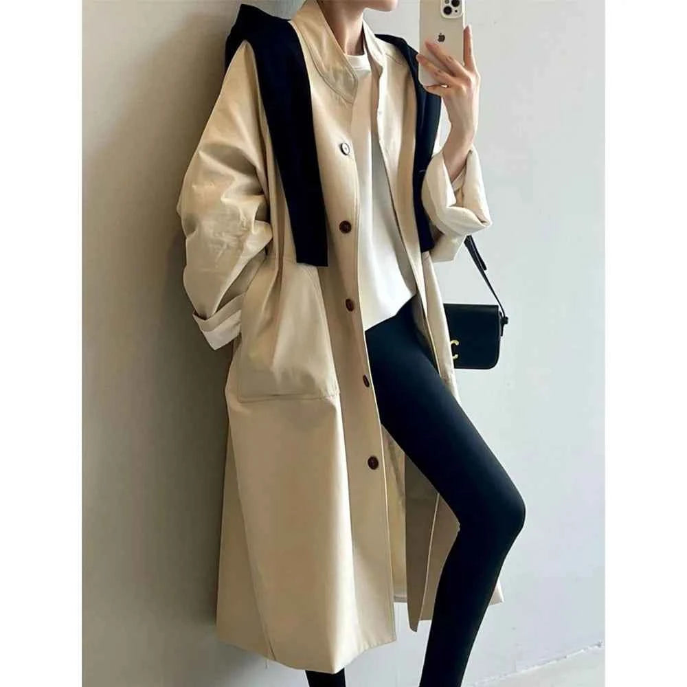 Lazy Loose Stand Up Collar Long Ttrench Coat For Women New Spring Autumn Casual British Style High-end Windbreaker Overcoat