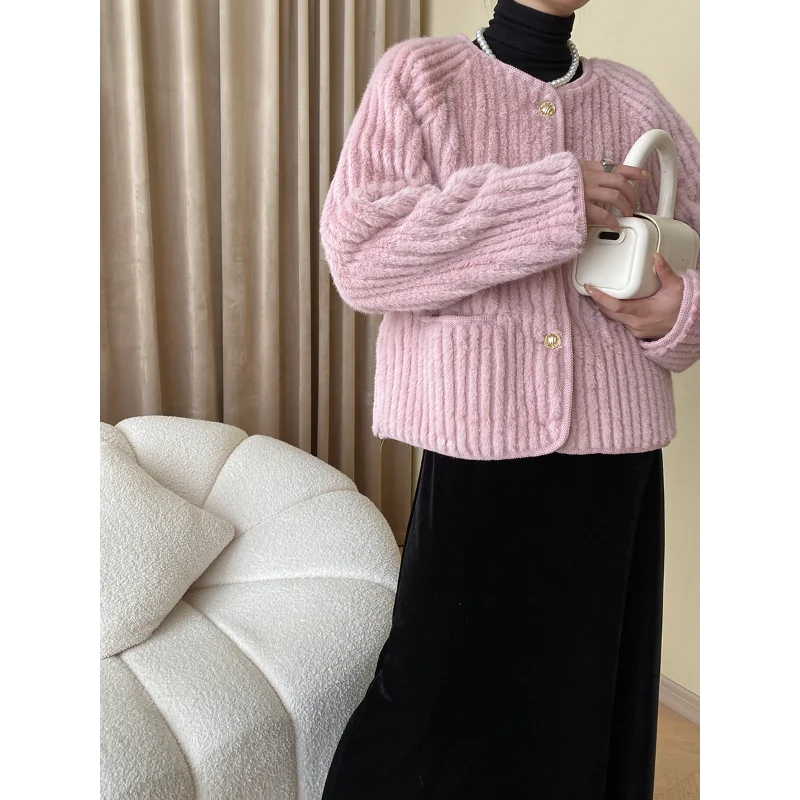 Water Ripple Luxury French Fake Fur Gray Women Coat Small Fragrance Loose Simple Long Sleeve O Neck Elegant Chic Casual Coat GONZALES ONLINE SHOP