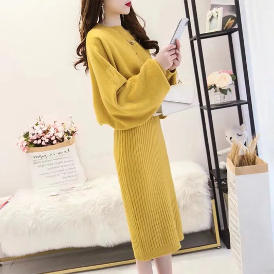 Fashion Sexy Knitted Dress Two-piece Set Women 2023 Spring Autumn New Temperament Solid Long-sleeved Sweater Women's Outtifits GONZALES ONLINE SHOP