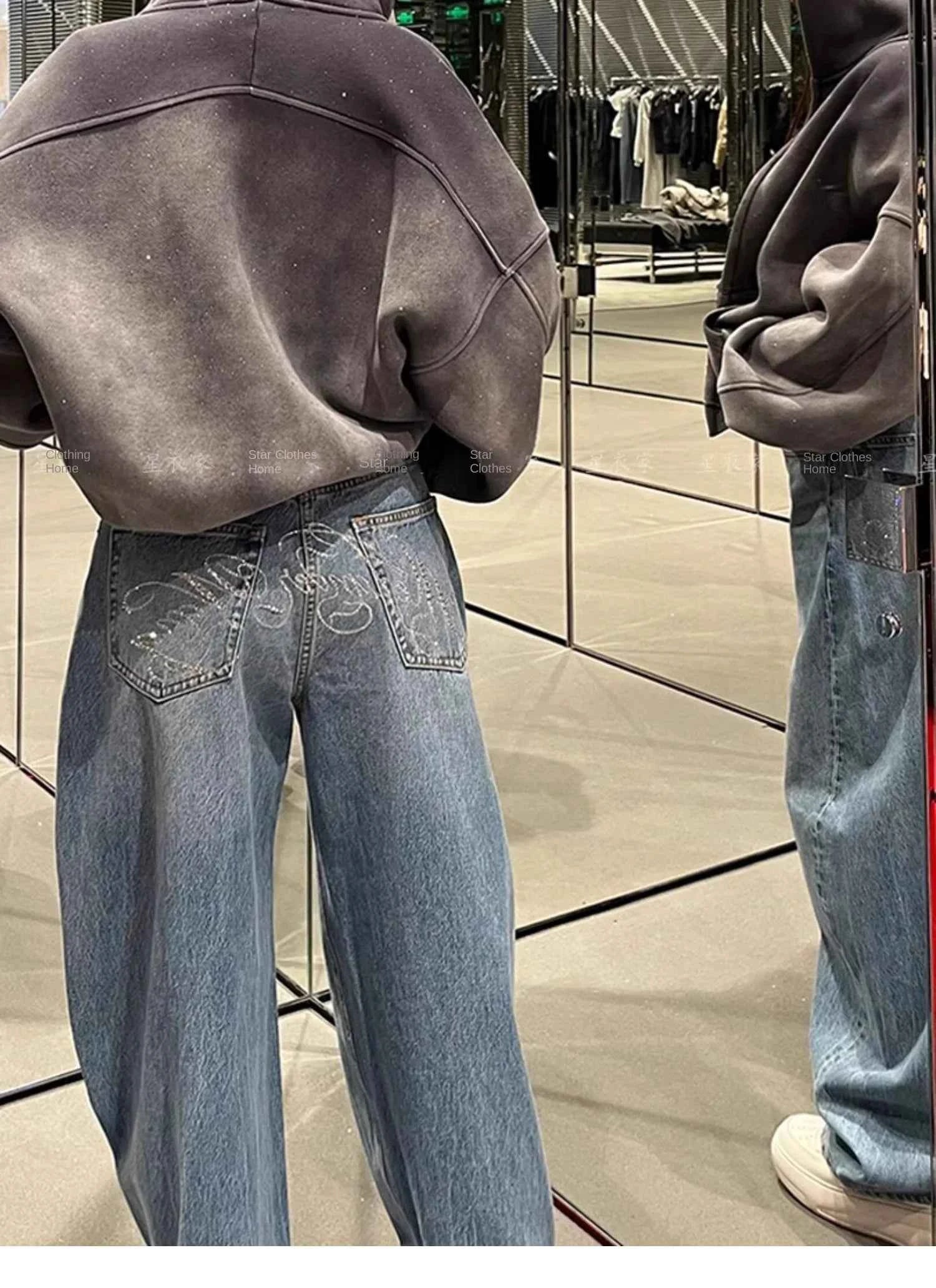 Loose Wide Leg Womens Jeans Casual  Pants Trousers Vintage Retro Design American Style Chic Distressed Oversized Fashion