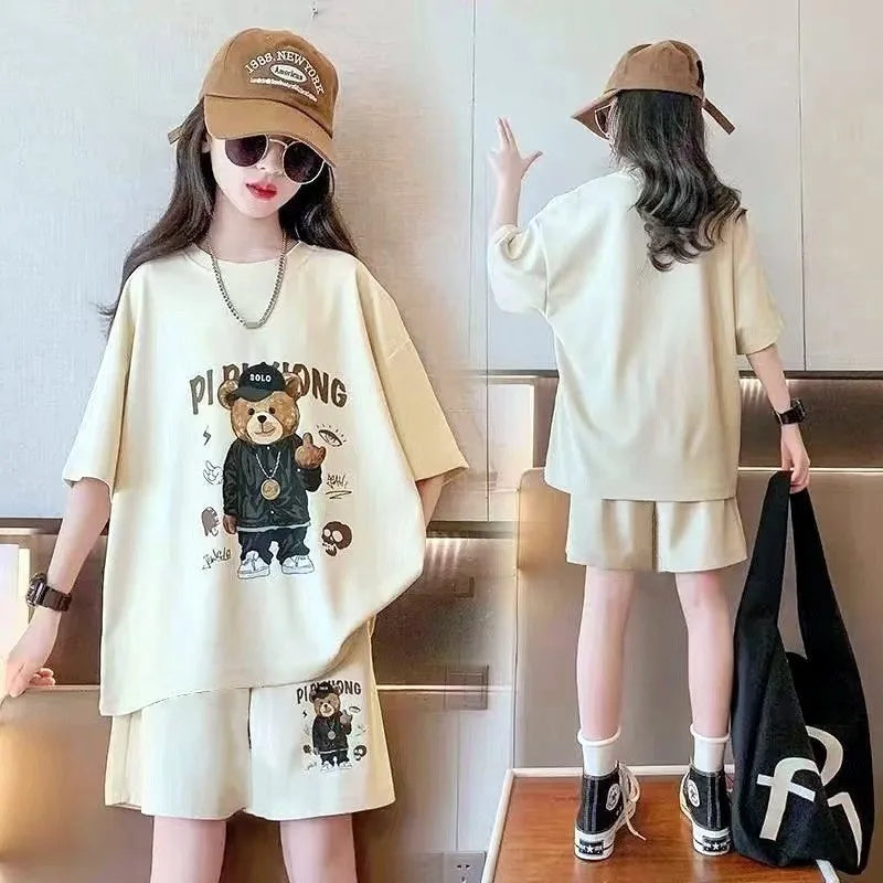 T-shirt+Shorts 2-piece Clothes Sets Kids Girls Fashion Korean Style Cartoon Bear Summer Sports Casual Outfit Suit 1-12 Year Old GONZALES ONLINE SHOP