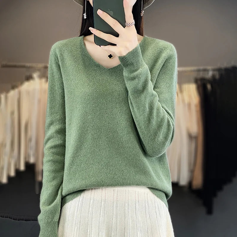 Women 100% Merino Wool Sweater V-Neck Basic Pullover Autumn Winter Cashmere Clothing Long Sleeve Soft Knitwear Tops Solid Color GONZALES ONLINE SHOP