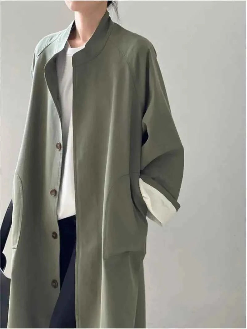 Lazy Loose Stand Up Collar Long Ttrench Coat For Women New Spring Autumn Casual British Style High-end Windbreaker Overcoat