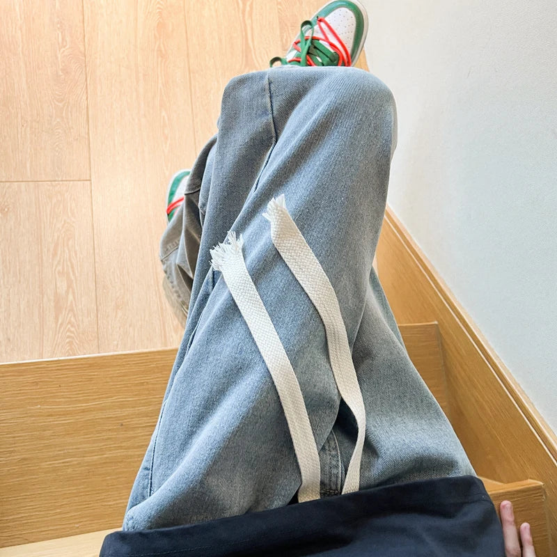 American retro drawstring jeans for men in spring and autumn fashion, washed with water, loose and versatile, men's denim pants GONZALES ONLINE SHOP