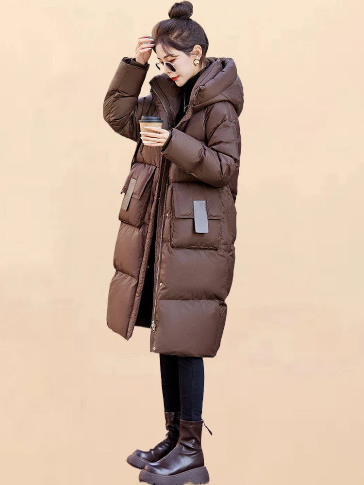 Women's Hooded Thickened Parker Coat Long Sleeve Jacket solid Down Cotton Padded Warm Windproof Winter New Elegant Chic Outwear GONZALES ONLINE SHOP