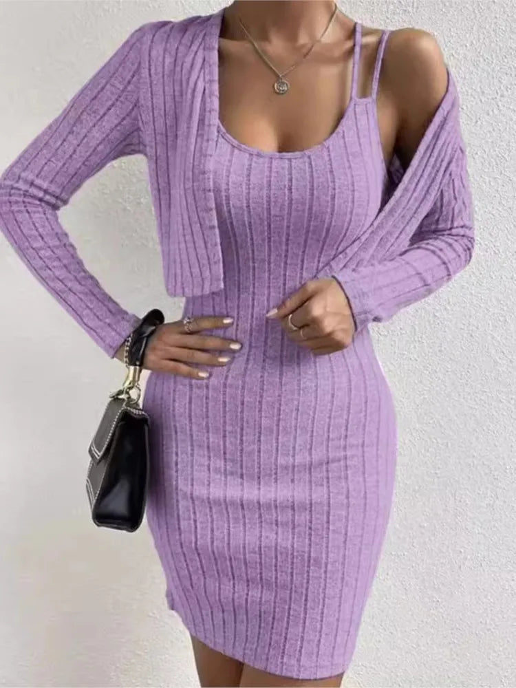 Fashion Women Slim Mini Dress 2 Piece Sets Autumn Ribbed Double Strap Bodycon Sleeveless Vest Dress + Long Sleeve Cardigan Set GONZALES ONLINE SHOP