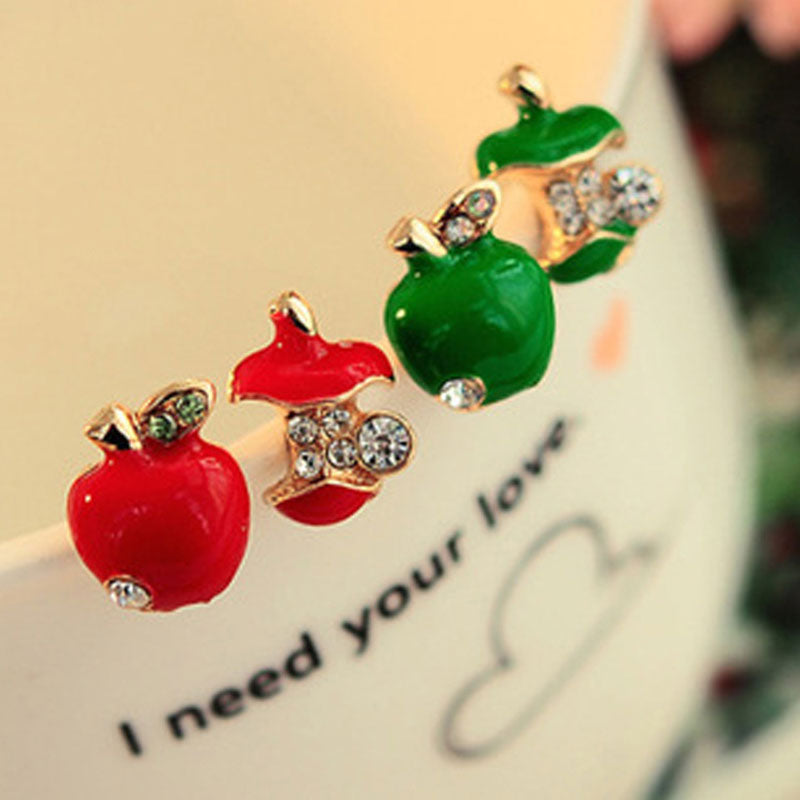 Cute Apples Earrings Women Red Green Asymmetric Rhinestone Apple Shaped Earrings Creative Crystal Women Gift Ear Accessories GONZALES ONLINE SHOP