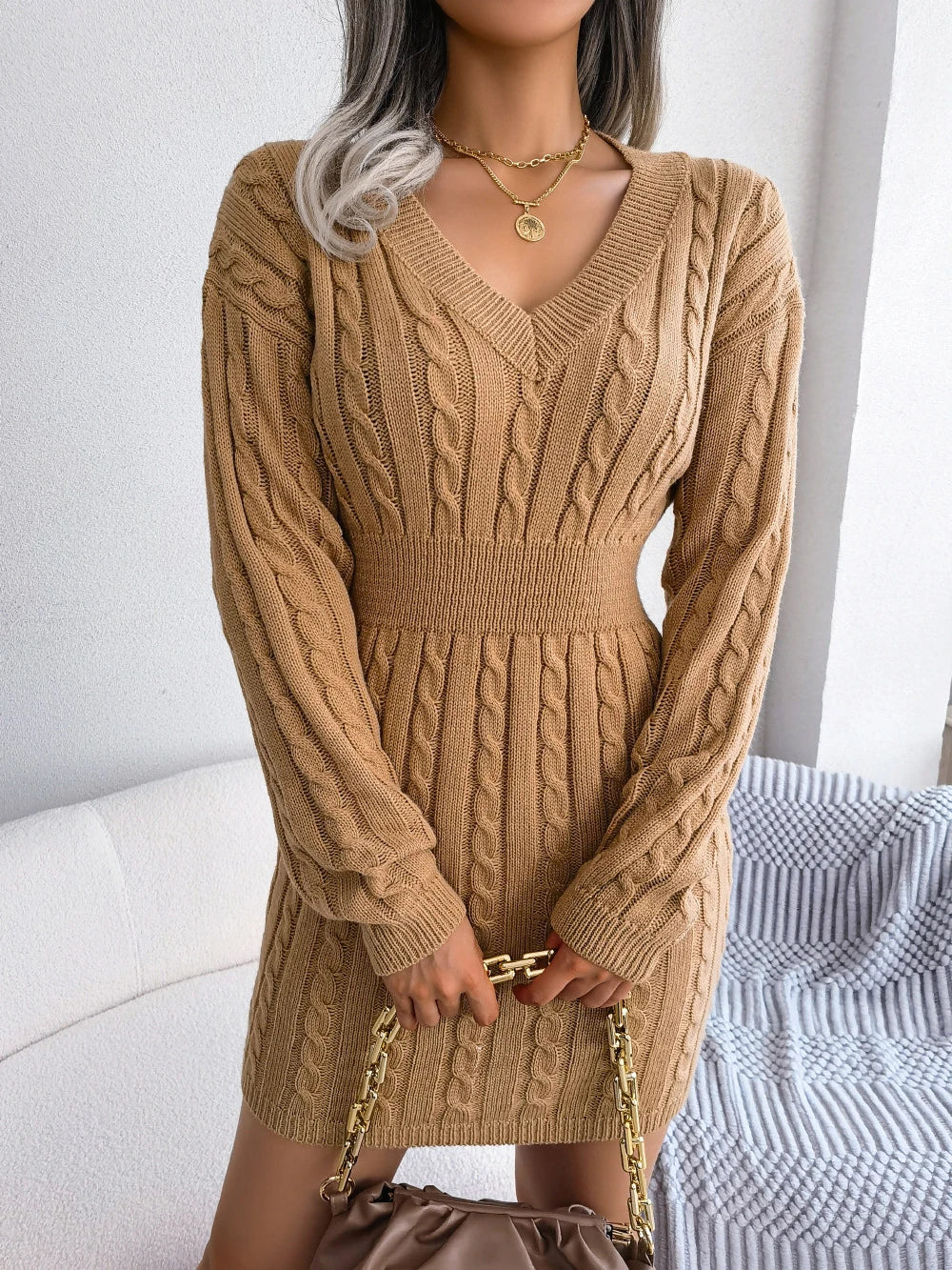 White Knitted Dresses Sweater Dress Lady V Neck Party Prom Clothes Winter Fashion Chic Long Sleeve Mini Skirt Bodycon Streetwear GONZALES ONLINE SHOP