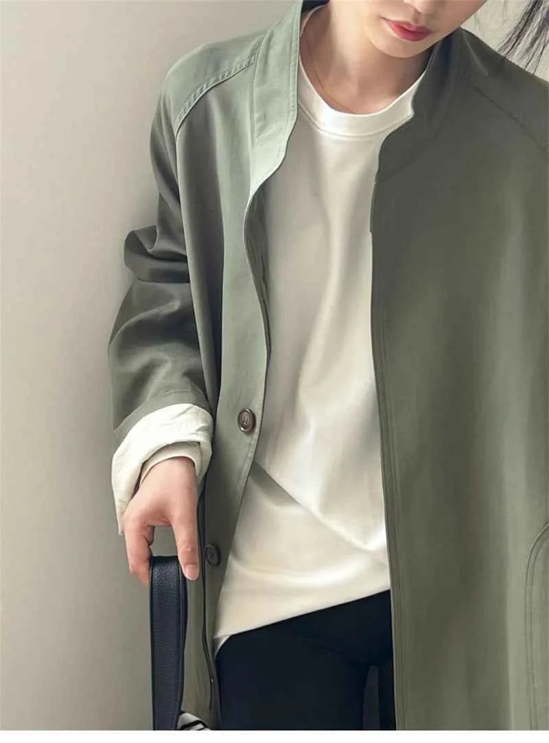 Lazy Loose Stand Up Collar Long Ttrench Coat For Women New Spring Autumn Casual British Style High-end Windbreaker Overcoat
