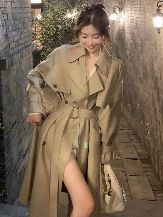 Autumn Winter Khaki Long Trench Coat for Women 2024 Jacket Elegant Outerwear Turn-down Collar Tie Belt Korean Chic Windbreaker GONZALES ONLINE SHOP