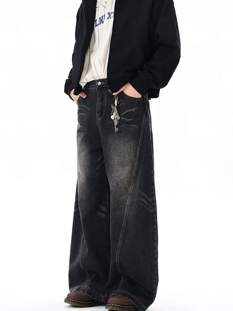 Vintage Black Washed Baggy Jeans Pants Men Wide leg Curved Blade Pants Streetwear Cowboy Casual Denim Straight Trousers GONZALES ONLINE SHOP