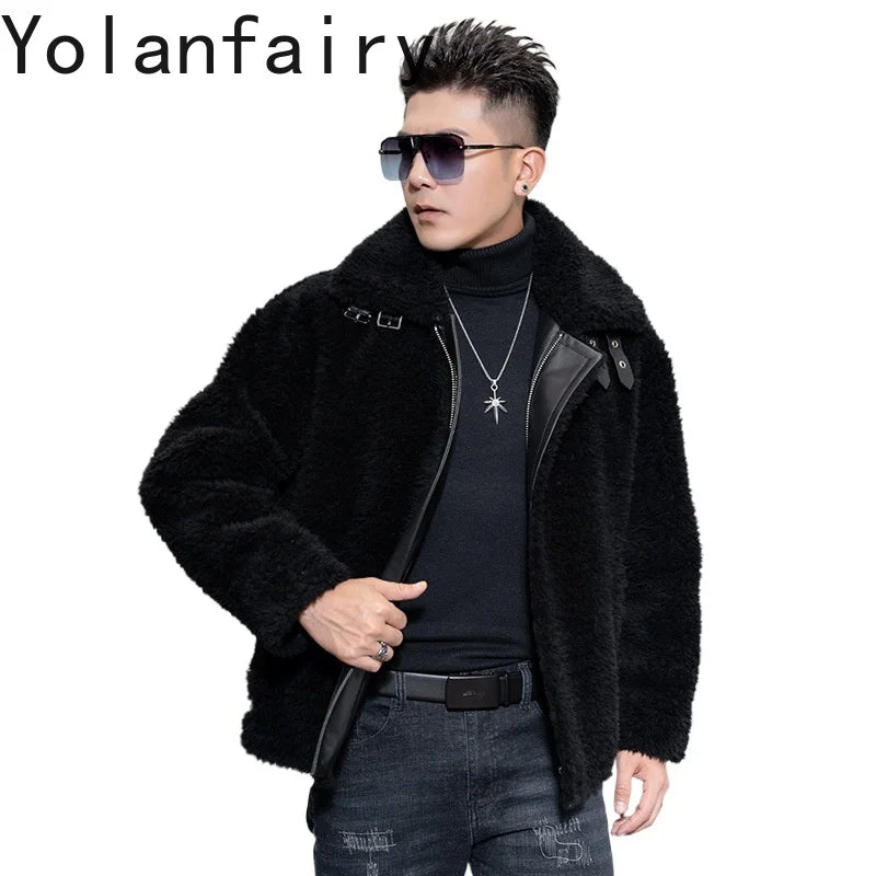 YOLANFAIRY Natural Wool Mens Real Fur Coat Winter Clothes Shearling Jackets for Men Cropped Leather Jacket Loose Fit Бомбер 2024 GONZALES ONLINE SHOP