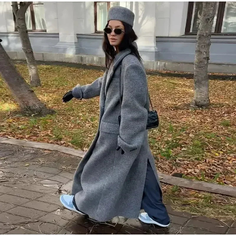 Retro Turn Down Collar Long Coat Women Autumn Solid Long Sleeve Maxi Coats Female Elegant Chic Oversize Double Breasted Outwear GONZALES ONLINE SHOP