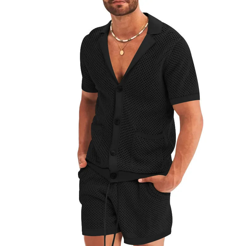 Summer New Men Shorts Mesh Hollow Out Knitted Casual Sports Lapel T-Shirt Short Sleeve Solid Beach Suit Men's 2 Pieces Set Suits GONZALES ONLINE SHOP