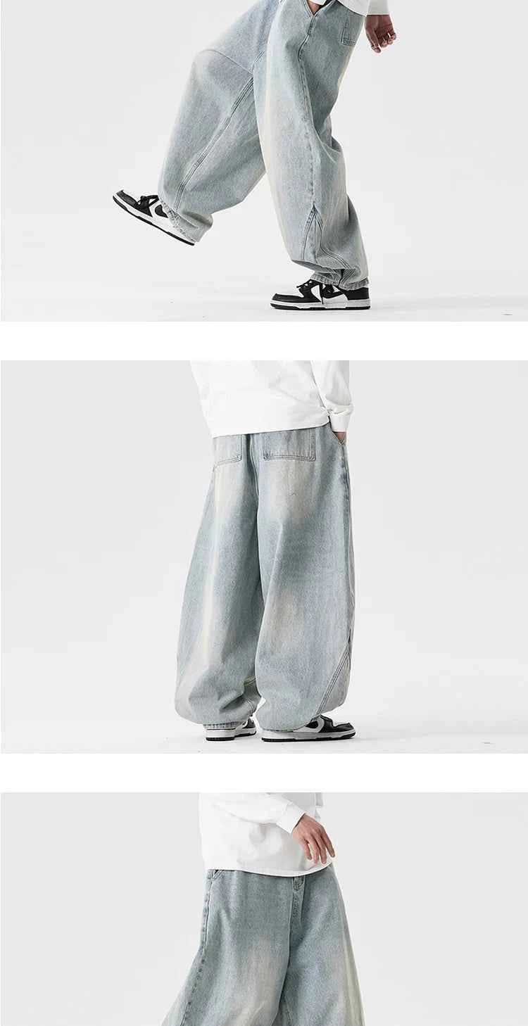Denim Wide Leg Pants Mens Fashion Casual Pants Loose Hip Hop Lantern Pants Streetwear Jeans Male Elastic Waist Trousers Oversize