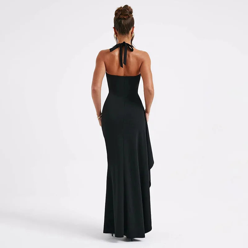 Cryptographic Halter V Neck Split Long Dress Gown Club Party Elegant Summer Outfits for Women Sexy Backless Maxi Dresses Vestido GONZALES ONLINE SHOP