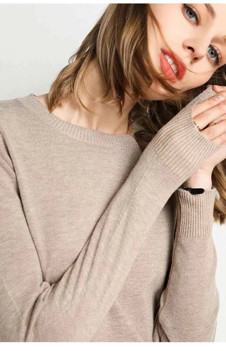 Women Slim O-Neck Solid Pullover Cashmere Wool Blending Sweater Autumn And Winter Long-Sleeved Knit Bottoming Shirt Large Size