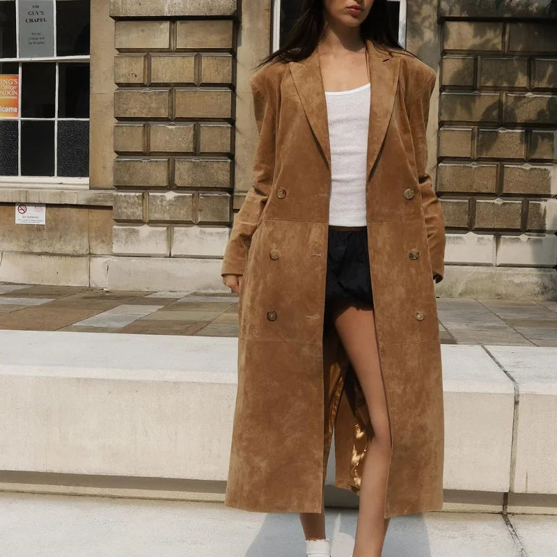 Women Fashion Double Breasted Solid Suede Overcoats Elegant Lapel Full Sleeves Pocket Long Coat Autumn Chic Lady Commute Outwear GONZALES ONLINE SHOP