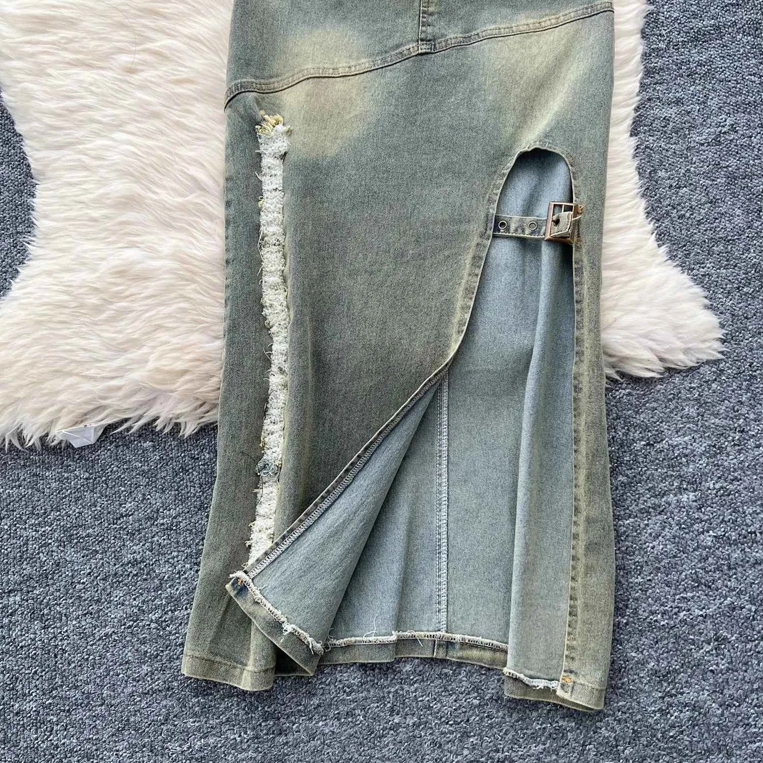 American Retro Washed Denim Two-piece Set,Women's New Summer Vintage Hang-the-neck Sleeveless Lapel Top with Slit Slimming Skirt