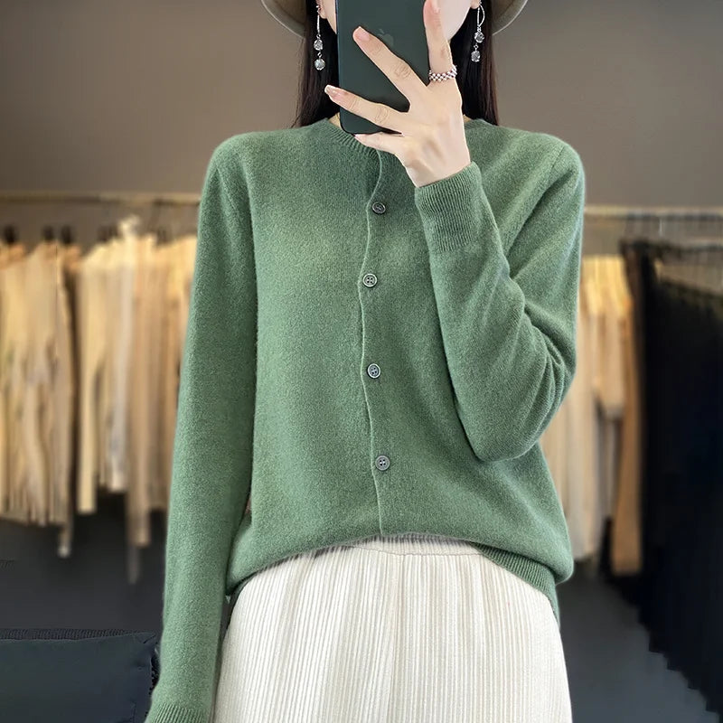 100% Merino Wool Sweater Women O-Neck Cardigan Basic Style  Buttoned Knitwear Female Casual Autumn Winter Soft Tops GONZALES ONLINE SHOP