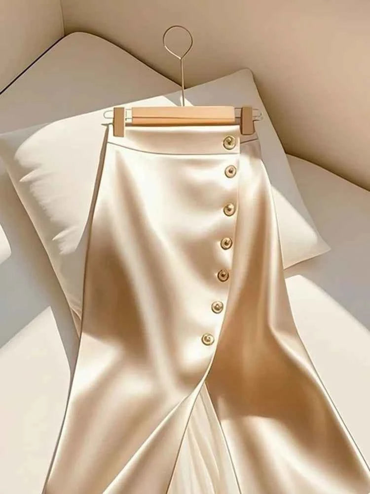 Elegant Satin Long Skirts for Women Fashion Spliced Mesh Single Breasted Slit Maxi Skirt 2025 New Commuting Lady Skirt