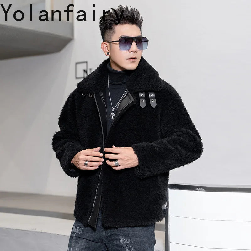 YOLANFAIRY Natural Wool Mens Real Fur Coat Winter Clothes Shearling Jackets for Men Cropped Leather Jacket Loose Fit Бомбер 2024 GONZALES ONLINE SHOP