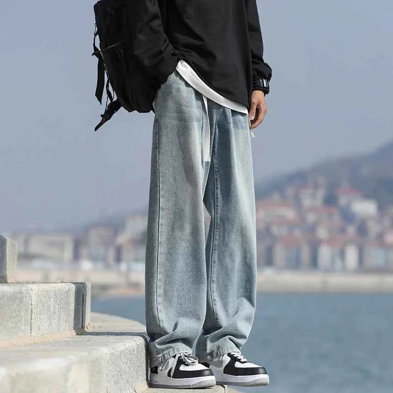 Men's summer loose straight leg pants with elastic drawstring, casual jeans, comfortable, fashionable and trendy jeans