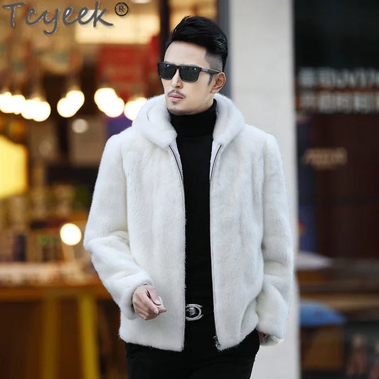 Tcyeek Natural Mink Fur Coat Men's High-end Real Fur Coat Men 2023 Winter New White Whole Mink Fur Hooded Coats Fashion Zipper GONZALES ONLINE SHOP