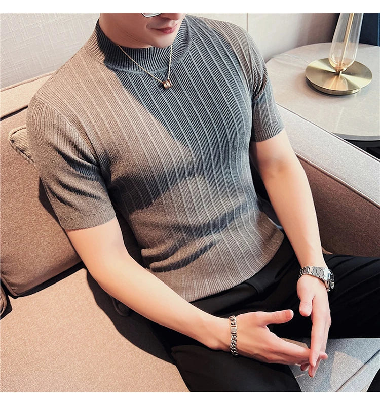 Men's High-End Casual Short Sleeve knitting Sweater/Male High collar Slim Fit Stripe Set head Knit Shirts Plus size S-4XL GONZALES ONLINE SHOP