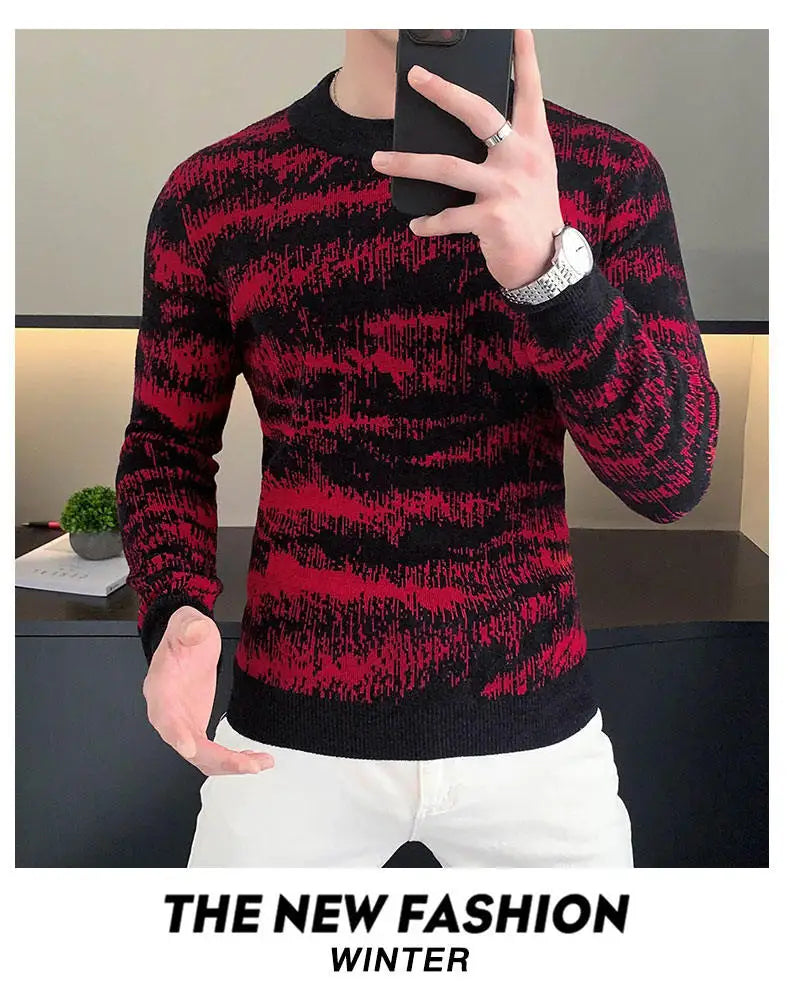 Autumn Winter Velvet Knitted Sweater Men Long Sleeve Casual Business Sweaters Comfortable Warm Versatile Social Pullover Tops GONZALES ONLINE SHOP