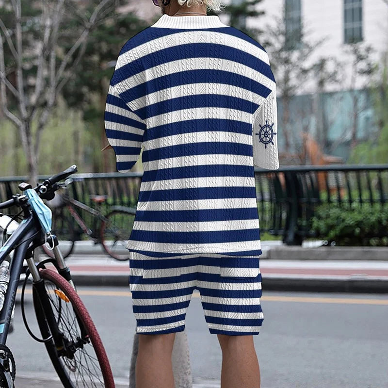 Fashion Oversize Mens Outfits Knitted V Neck Half Sleeve V Neck Tops And Shorts Two Piece Knit Suits Men Summer New Casual Sets GONZALES ONLINE SHOP