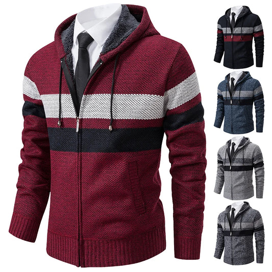 2023 New Autumn and Winter Striped Hooded Sweater Men's Coat with Velvet Padded Warm Knit Cardigan GONZALES ONLINE SHOP