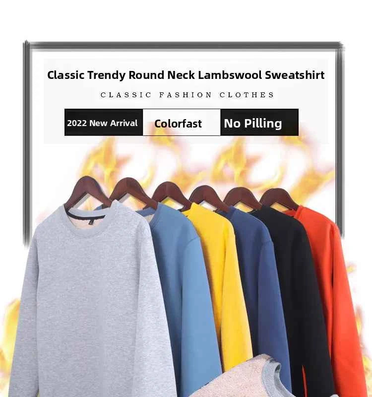 Lamb Velvet Hoodie Men's Thickened Fleece round Neck Casual Versatile Teenage Warm Top Lamb Velvet Jacket Winter Fashion