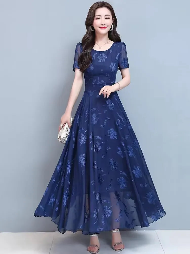 Casual Blue Clothes For Women Summer Maxi Dress 2024 New Red Chiffon O-Neck Party Elegant Boho Korean Fashion Evening Dresses GONZALES ONLINE SHOP