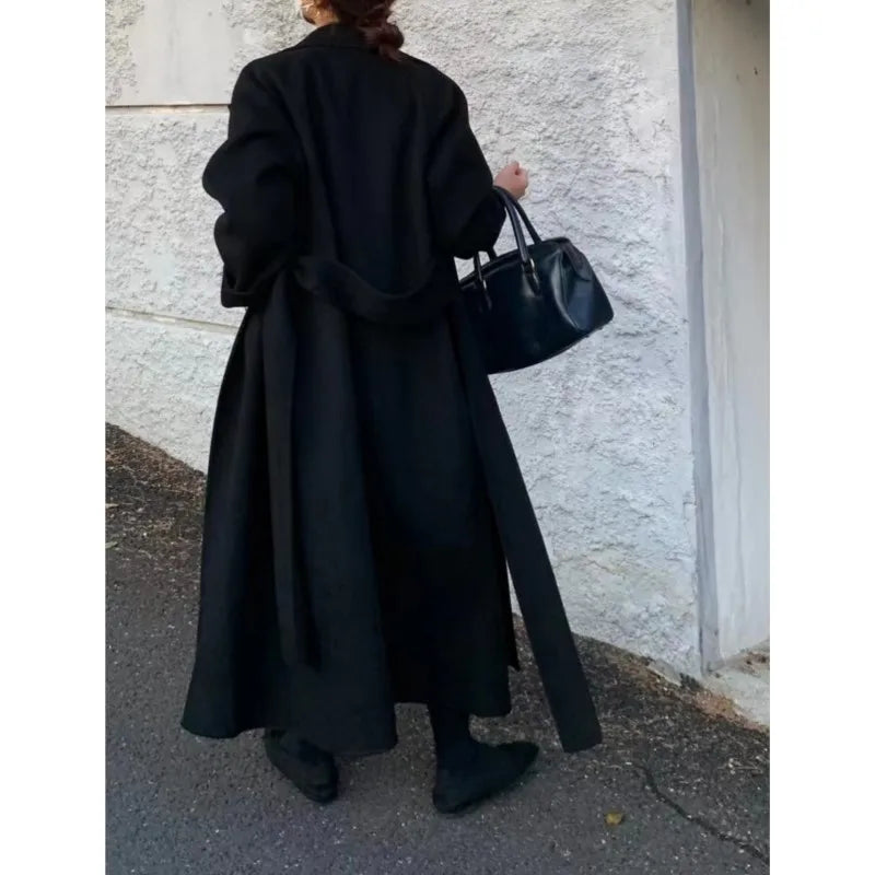 Women Elegant Long Woolen Coat with Belt Autumn Winter New Fashion Solid Lapel Long Sleeve Chic Outerwear Ladies Casual Overcoat GONZALES ONLINE SHOP