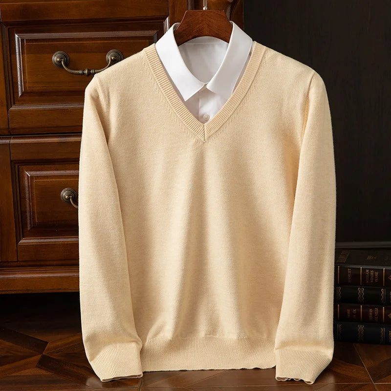 Men Soft Cashmere Sweater V-Neck Cold Resistant Pullovers Loose Knitted Shirt Autumn Winter Korean Popular Woollen Clothes GONZALES ONLINE SHOP