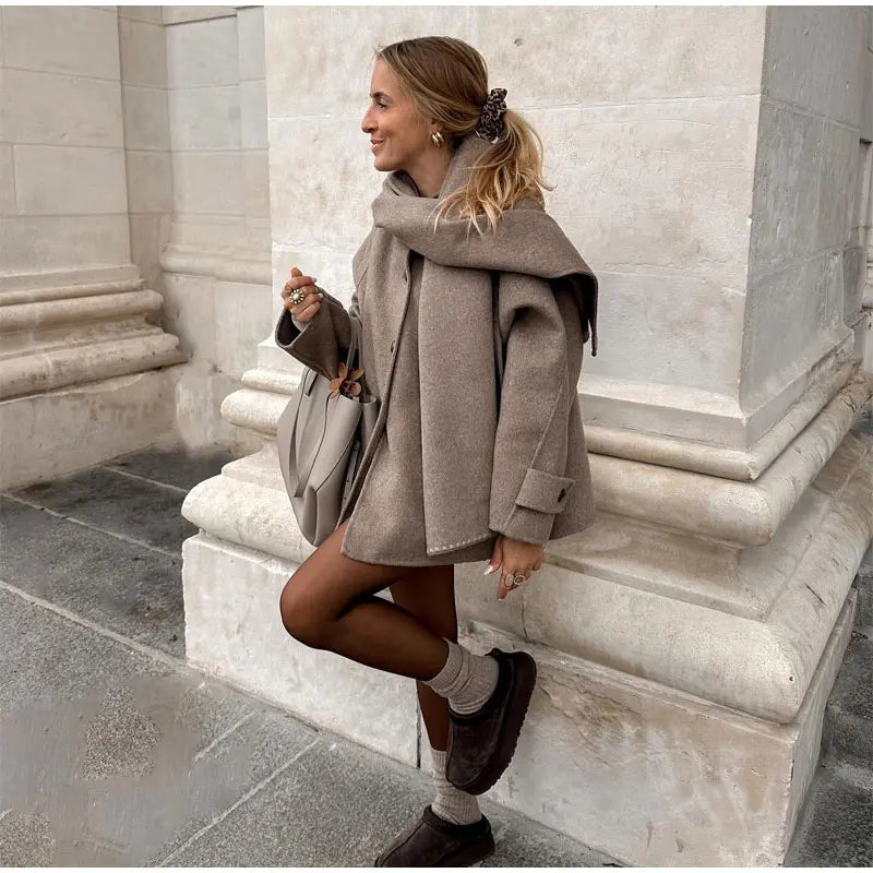 Fashion Solid Woolen Coat With Scarf Elegant Long Sleeve Single Breasted Pockets Jackets 2024 Winter Female Chic Street Outwear GONZALES ONLINE SHOP