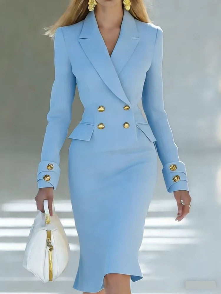 Elegant V-neck Double breasted Blazer Dress Fashion Commute Hight Waist Solid Party Dress Lady Casual Long Sleeve Wrap Hip Dress GONZALES ONLINE SHOP