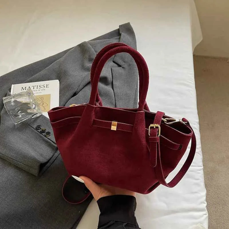 Matte Leather Suede Tote Handbags for Women Large Capacity Retro Shoulder Bag Fall Winter Belt Design Female Crossbody Bags