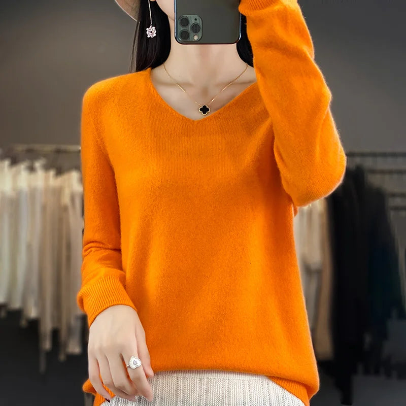 Women 100% Merino Wool Sweater V-Neck Basic Pullover Autumn Winter Cashmere Clothing Long Sleeve Soft Knitwear Tops Solid Color GONZALES ONLINE SHOP