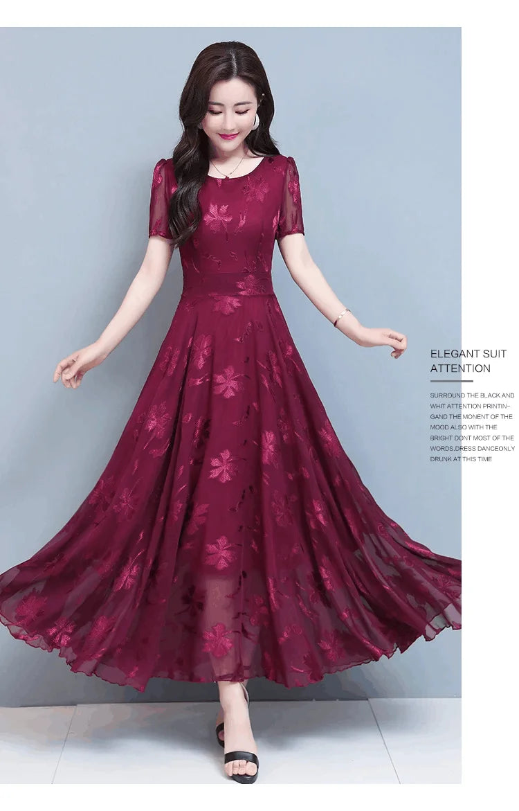 Casual Blue Clothes For Women Summer Maxi Dress 2024 New Red Chiffon O-Neck Party Elegant Boho Korean Fashion Evening Dresses GONZALES ONLINE SHOP