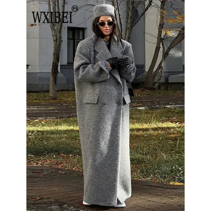 Retro Turn Down Collar Long Coat Women Autumn Solid Long Sleeve Maxi Coats Female Elegant Chic Oversize Double Breasted Outwear GONZALES ONLINE SHOP