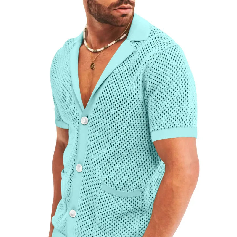 Summer New Men Shorts Mesh Hollow Out Knitted Casual Sports Lapel T-Shirt Short Sleeve Solid Beach Suit Men's 2 Pieces Set Suits GONZALES ONLINE SHOP