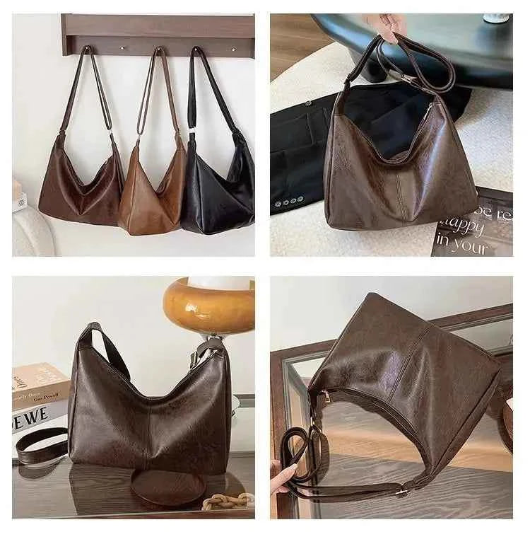 PU Leather Commuter Fashion Vintage Casual Tote Bag Maillard Stylish Crossbody Bags for Women Texture Large Capacity Temperament