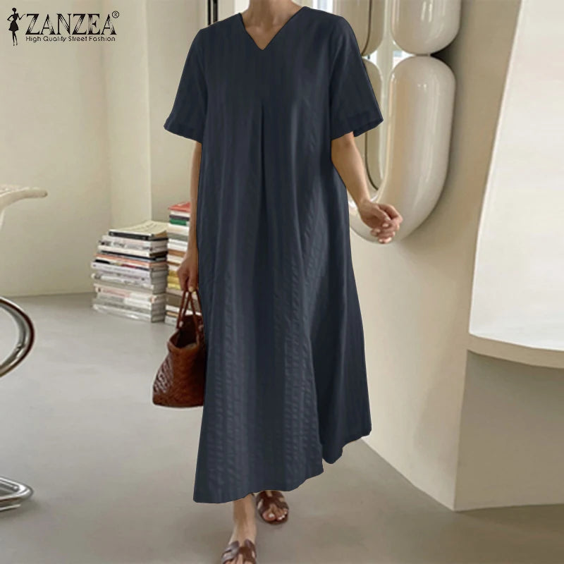 ZANZEA Elegant Women V Neck Short Sleeve Sundress Summer Fashion Casual Loose Maxi Dress Robe Femme Holiday Vestido Oversize GONZALES ONLINE SHOP