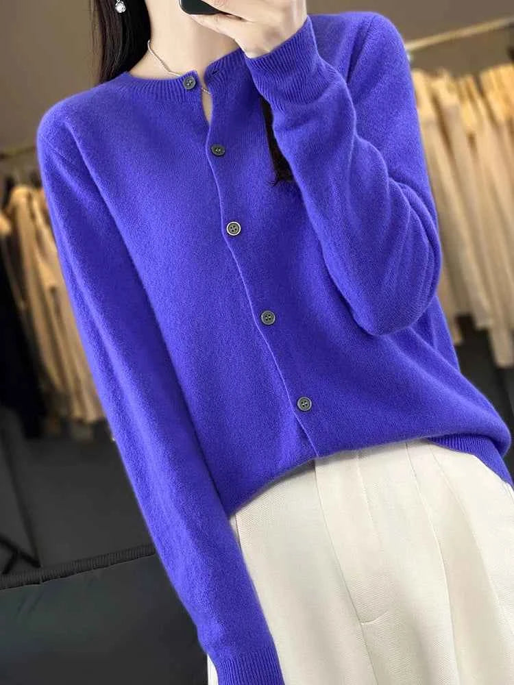 100% Merino Wool Sweater Women O-Neck Cardigan Basic Style  Buttoned Knitwear Female Casual Autumn Winter Soft Tops