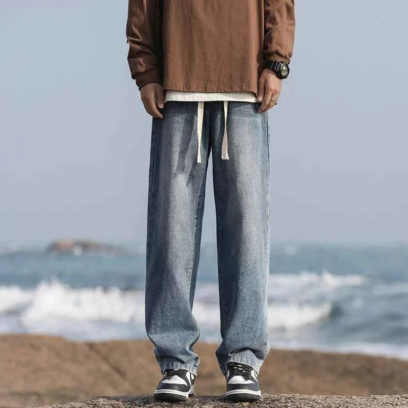 Men's summer loose straight leg pants with elastic drawstring, casual jeans, comfortable, fashionable and trendy jeans